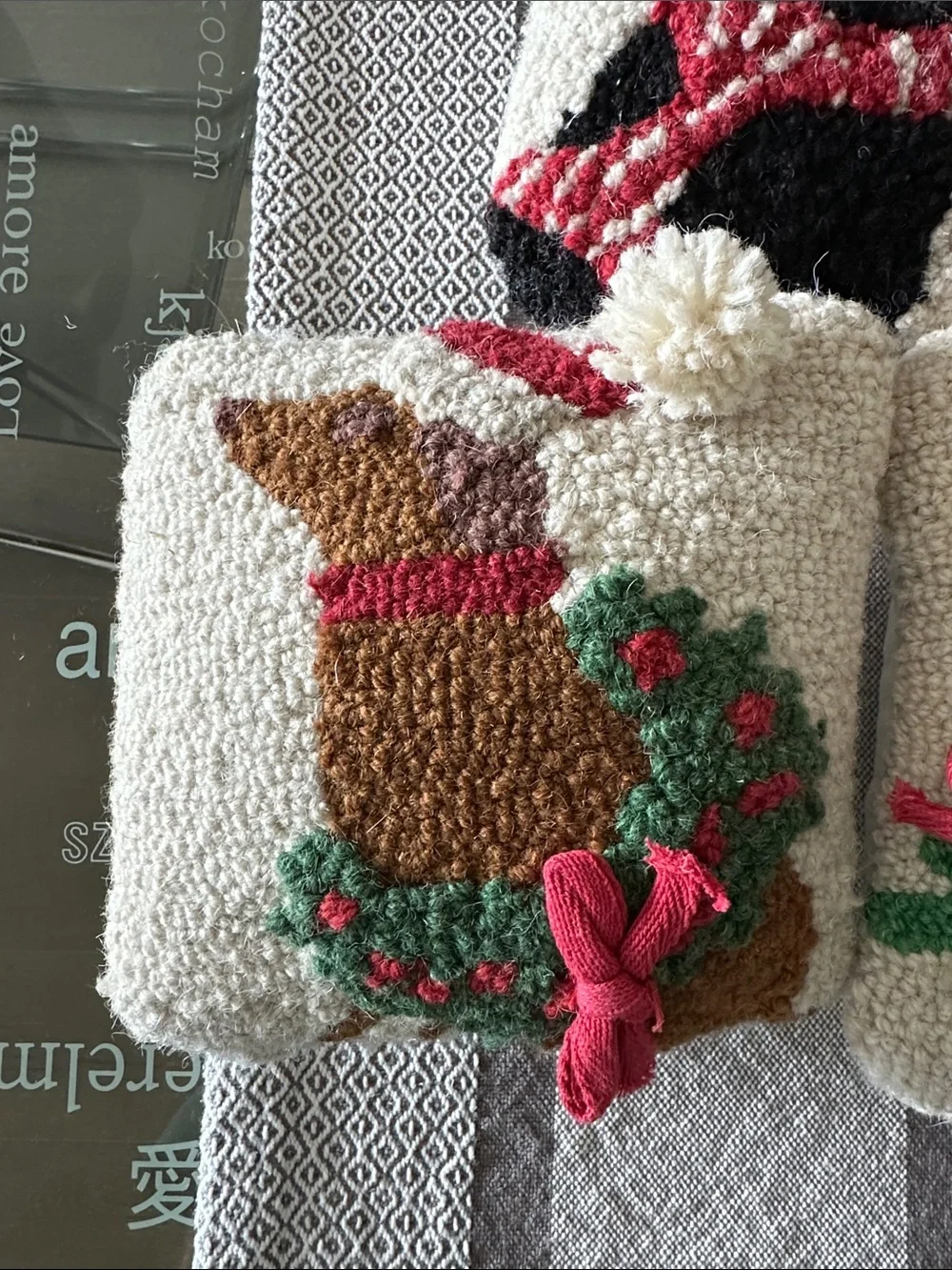 New set of 3 Christmas hooked wool dog pillows Mud Pie